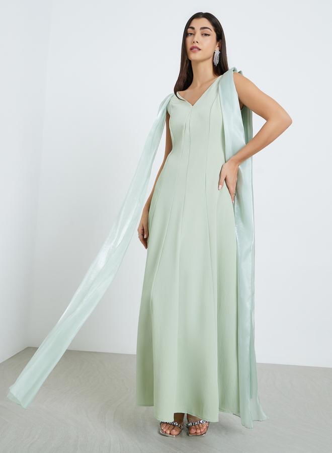 Styli Women Green Sleeveless Cape Detail A-Line Maxi Dress - Image 5